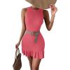 imageMakeMeChic Womens 2025 Summer Dress Casual Crochet Ribbed Knit Ruffle Hem Sleeveless Bodycon Tank Mini DressesWatermelon Red