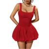 imageMakeMeChic Womens Casual Bubble Dress Square Neck Sleeveless Ruffle Mini DressesRed