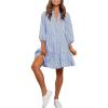 imageMakeMeChic Womens Gingham Plaid Dress Lantern Sleeve Ruffle Shift Dress Button Down Swing Tunic Mini DressesBlue