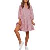 imageMakeMeChic Womens Gingham Plaid Dress Lantern Sleeve Ruffle Shift Dress Button Down Swing Tunic Mini DressesBurgundy