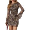 imageMakeMeChic Womens Leopard Print Dress Y2k Backless Mesh Bell Sleeve Mini Cheetah Print DressBrown Tiger Print