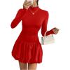 imageMakeMeChic Womens Mock Neck Long Sleeve Lettuce Trim Ruffle Slim Fit A Line Mini DressRed