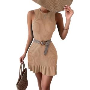 imageMakeMeChic Womens 2025 Summer Dress Casual Crochet Ribbed Knit Ruffle Hem Sleeveless Bodycon Tank Mini DressesApricot