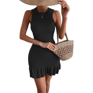 imageMakeMeChic Womens 2025 Summer Dress Casual Crochet Ribbed Knit Ruffle Hem Sleeveless Bodycon Tank Mini DressesBlack