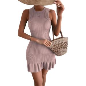 imageMakeMeChic Womens 2025 Summer Dress Casual Crochet Ribbed Knit Ruffle Hem Sleeveless Bodycon Tank Mini DressesDusty Purple