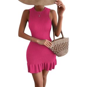 imageMakeMeChic Womens 2025 Summer Dress Casual Crochet Ribbed Knit Ruffle Hem Sleeveless Bodycon Tank Mini DressesHot Pink