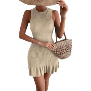 imageMakeMeChic Womens 2025 Summer Dress Casual Crochet Ribbed Knit Ruffle Hem Sleeveless Bodycon Tank Mini DressesKhaki