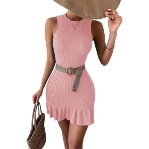 imageMakeMeChic Womens 2025 Summer Dress Casual Crochet Ribbed Knit Ruffle Hem Sleeveless Bodycon Tank Mini DressesPink