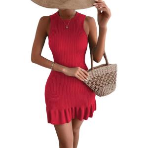 imageMakeMeChic Womens 2025 Summer Dress Casual Crochet Ribbed Knit Ruffle Hem Sleeveless Bodycon Tank Mini DressesRed