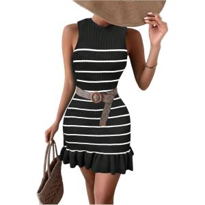 imageMakeMeChic Womens 2025 Summer Dress Casual Crochet Ribbed Knit Ruffle Hem Sleeveless Bodycon Tank Mini DressesStriped Black