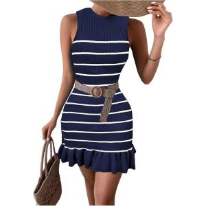 imageMakeMeChic Womens 2025 Summer Dress Casual Crochet Ribbed Knit Ruffle Hem Sleeveless Bodycon Tank Mini DressesStriped Royal Blue