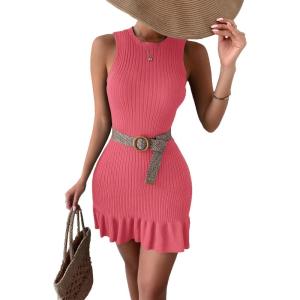imageMakeMeChic Womens 2025 Summer Dress Casual Crochet Ribbed Knit Ruffle Hem Sleeveless Bodycon Tank Mini DressesWatermelon Red
