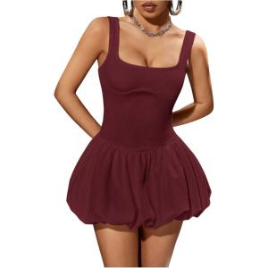imageMakeMeChic Womens Casual Bubble Dress Square Neck Sleeveless Ruffle Mini DressesBurgundy
