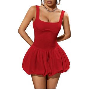 imageMakeMeChic Womens Casual Bubble Dress Square Neck Sleeveless Ruffle Mini DressesRed