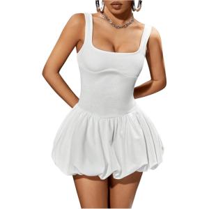imageMakeMeChic Womens Casual Bubble Dress Square Neck Sleeveless Ruffle Mini DressesWhite