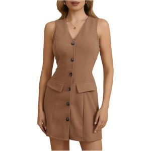 imageMakeMeChic Womens Elegant Short Dresses Deep V Neck Button Down Sleeveless Blazer DressKhaki