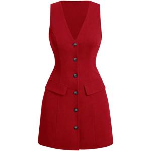 imageMakeMeChic Womens Elegant Short Dresses Deep V Neck Button Down Sleeveless Blazer DressRed