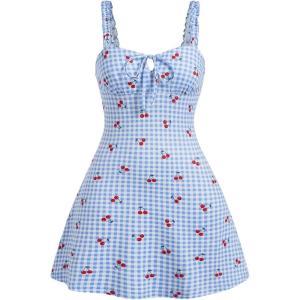 imageMakeMeChic Womens Gingham Cherry Print Cami Dress Tie Front Sleeveless Mini Dresses SundressLight Blue