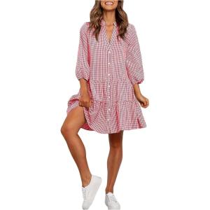 imageMakeMeChic Womens Gingham Plaid Dress Lantern Sleeve Ruffle Shift Dress Button Down Swing Tunic Mini DressesBurgundy