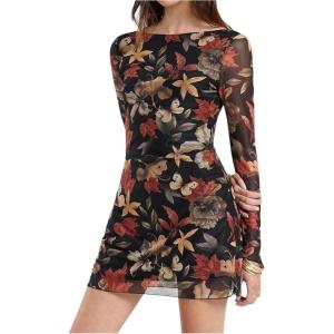 imageMakeMeChic Womens Leopard Print Dress Y2k Backless Mesh Bell Sleeve Mini Cheetah Print DressFloral Print