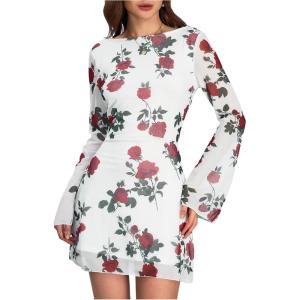 imageMakeMeChic Womens Leopard Print Dress Y2k Backless Mesh Bell Sleeve Mini Cheetah Print DressFloral White and Red