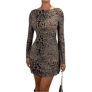 imageMakeMeChic Womens Leopard Print Dress Y2k Backless Mesh Bell Sleeve Mini Cheetah Print DressMocha Brown