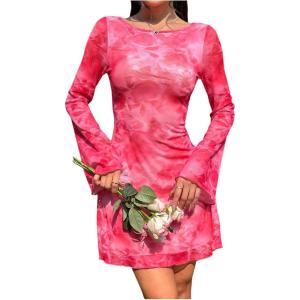 imageMakeMeChic Womens Leopard Print Dress Y2k Backless Mesh Bell Sleeve Mini Cheetah Print DressPink