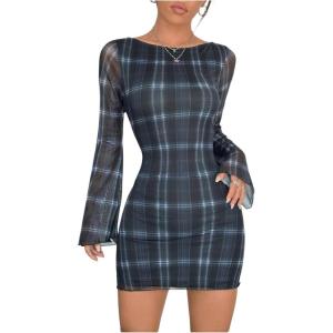 imageMakeMeChic Womens Leopard Print Dress Y2k Backless Mesh Bell Sleeve Mini Cheetah Print DressPlaid Blue