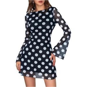 imageMakeMeChic Womens Leopard Print Dress Y2k Backless Mesh Bell Sleeve Mini Cheetah Print DressPolka Dots Black