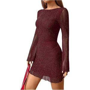 imageMakeMeChic Womens Leopard Print Dress Y2k Backless Mesh Bell Sleeve Mini Cheetah Print DressRed Striped
