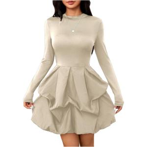 imageMakeMeChic Womens Long Sleeve Mock Neck Mini Dress Ruffle Hem A Line Short DressesApricot