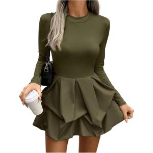 imageMakeMeChic Womens Long Sleeve Mock Neck Mini Dress Ruffle Hem A Line Short DressesArmy Green
