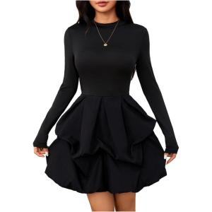 imageMakeMeChic Womens Long Sleeve Mock Neck Mini Dress Ruffle Hem A Line Short DressesBlack