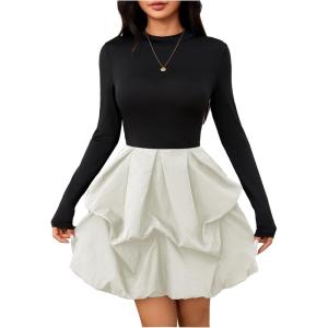 imageMakeMeChic Womens Long Sleeve Mock Neck Mini Dress Ruffle Hem A Line Short DressesBlack and White
