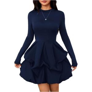 imageMakeMeChic Womens Long Sleeve Mock Neck Mini Dress Ruffle Hem A Line Short DressesBlue
