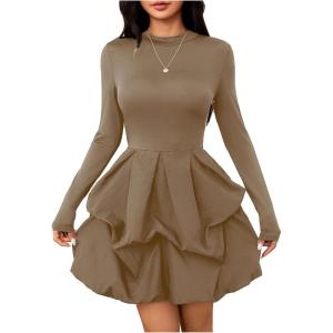 imageMakeMeChic Womens Long Sleeve Mock Neck Mini Dress Ruffle Hem A Line Short DressesBrown