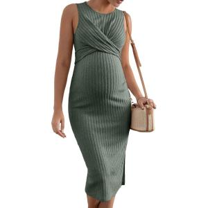 imageMakeMeChic Womens Maternity Ribbed Knit Sleeveless Criss Cross Tie Back Split Midi Bodycon Tank DressArmy Green