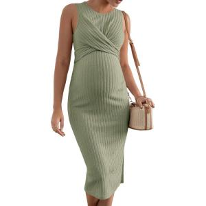 imageMakeMeChic Womens Maternity Ribbed Knit Sleeveless Criss Cross Tie Back Split Midi Bodycon Tank DressMint Green