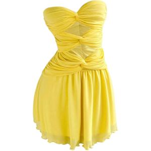imageMakeMeChic Womens Mesh Twist Front Strapless Tube Top Dress Cut Out Bodycon Y2k Mini DressesYellow