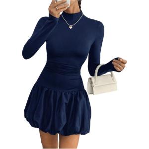 imageMakeMeChic Womens Mock Neck Long Sleeve Lettuce Trim Ruffle Slim Fit A Line Mini DressDark Blue