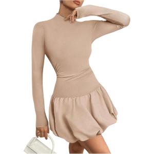 imageMakeMeChic Womens Mock Neck Long Sleeve Lettuce Trim Ruffle Slim Fit A Line Mini DressKhaki