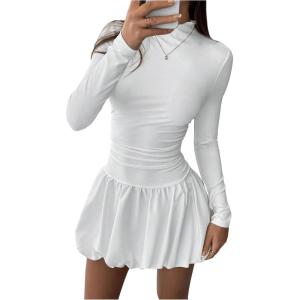 imageMakeMeChic Womens Mock Neck Long Sleeve Lettuce Trim Ruffle Slim Fit A Line Mini DressWhite