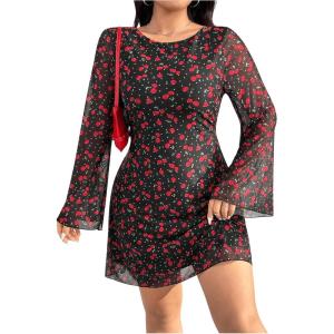 imageMakeMeChic Womens Plus Size Leopard Print Dress Bell Sleeve Cheetah Print Dress Y2K Mesh Backless Mini DressesBlack