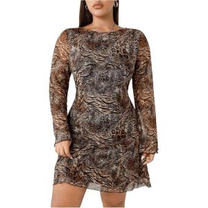 imageMakeMeChic Womens Plus Size Leopard Print Dress Bell Sleeve Cheetah Print Dress Y2K Mesh Backless Mini DressesBrown