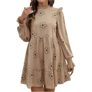 imageMakeMeChic Womens Ruffle Smock Dress Long Sleeve Mock Neck Shirred Frill Trim Short DressesApricot