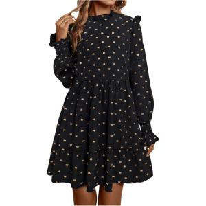 imageMakeMeChic Womens Ruffle Smock Dress Long Sleeve Mock Neck Shirred Frill Trim Short DressesBlack