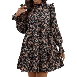 imageMakeMeChic Womens Ruffle Smock Dress Long Sleeve Mock Neck Shirred Frill Trim Short DressesBlack B