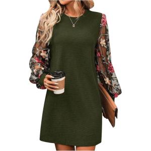 imageMakeMeChic Womens Sheer Dress Floral Mesh Long Sleeve Spring Dresses Crew Neck Lace Black Mini DressesArmy Green
