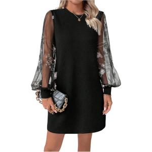 imageMakeMeChic Womens Sheer Dress Floral Mesh Long Sleeve Spring Dresses Crew Neck Lace Black Mini DressesBlack a