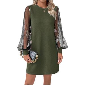 imageMakeMeChic Womens Sheer Dress Floral Mesh Long Sleeve Spring Dresses Crew Neck Lace Black Mini DressesGreen